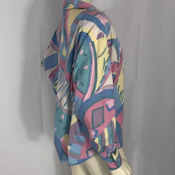 Vintage 80’s Unique Pastel Funky Print Bold Shoulder Button Down Long Sleeve Shi - Picture 5 of 16